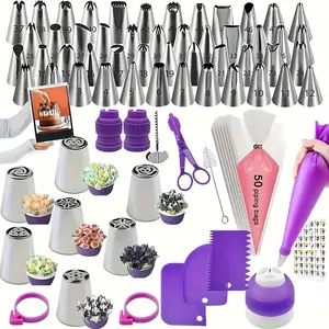 117pcs Piping Bag Set, Includes 48 Tips, 7 Russian Tips, 3 Scrapers, 2 Silicone Rings, 2 Small Adapters, 1 Large Adapter, 1 Brush, 50 Disposable Bags