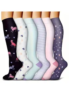 6-Pack Unisex Cartoon Pattern Knee-High Compression Socks, Polyester & Elastane Blend, Knit Fabric, All-Season Comfort, Athletic Support Stockings For Running, , Machine Washable high  sports  socks best support Multi-Sport Breathable Sports Socks Set