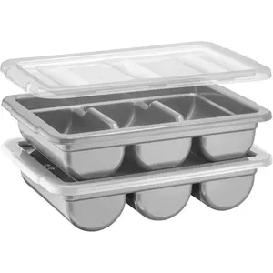 2 Pack Cutlery Bin with Lid Commercial 3Compartment Flatware Tray with Cover Stackable Silverware Storage Plastic Container Restaurant Condiments Holder Covered Utensil Organizer Box Gray