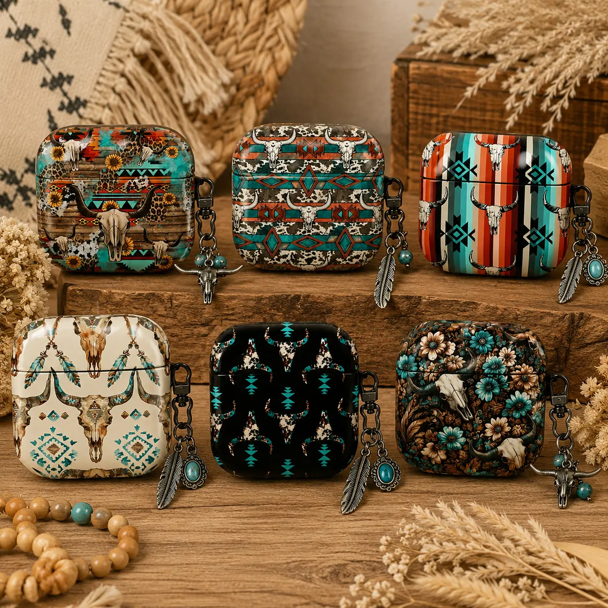 NO KEYCHAIN Western Cow Skull AirPods Gen 1 2 3 4 Pro Case, Boho Southwestern Case, Turquoise Floral Protective Case, Tribal Cowgirl Cover