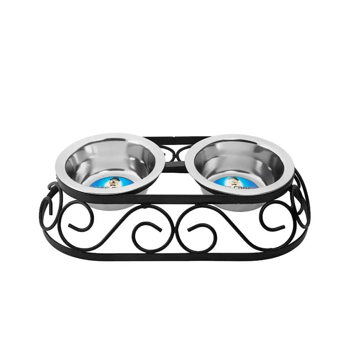 Indipets 1 Qt. Handcrafted Wrought Iron Elevated Double Diner - Metal Oval Crown Double Bowl Feeder, Black, Bacteria Safe, Stainless Steel, Easily Clean, Dishwasher Safe, Joint Stress Minimization