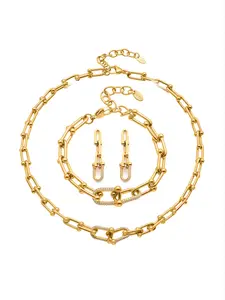 Stainless Steel Rhinestone Horseshoe Clasp Necklace Bracelet Set, Fashion Women's Jewelry Set, Elegant Accessory, Matching Jewelry Set