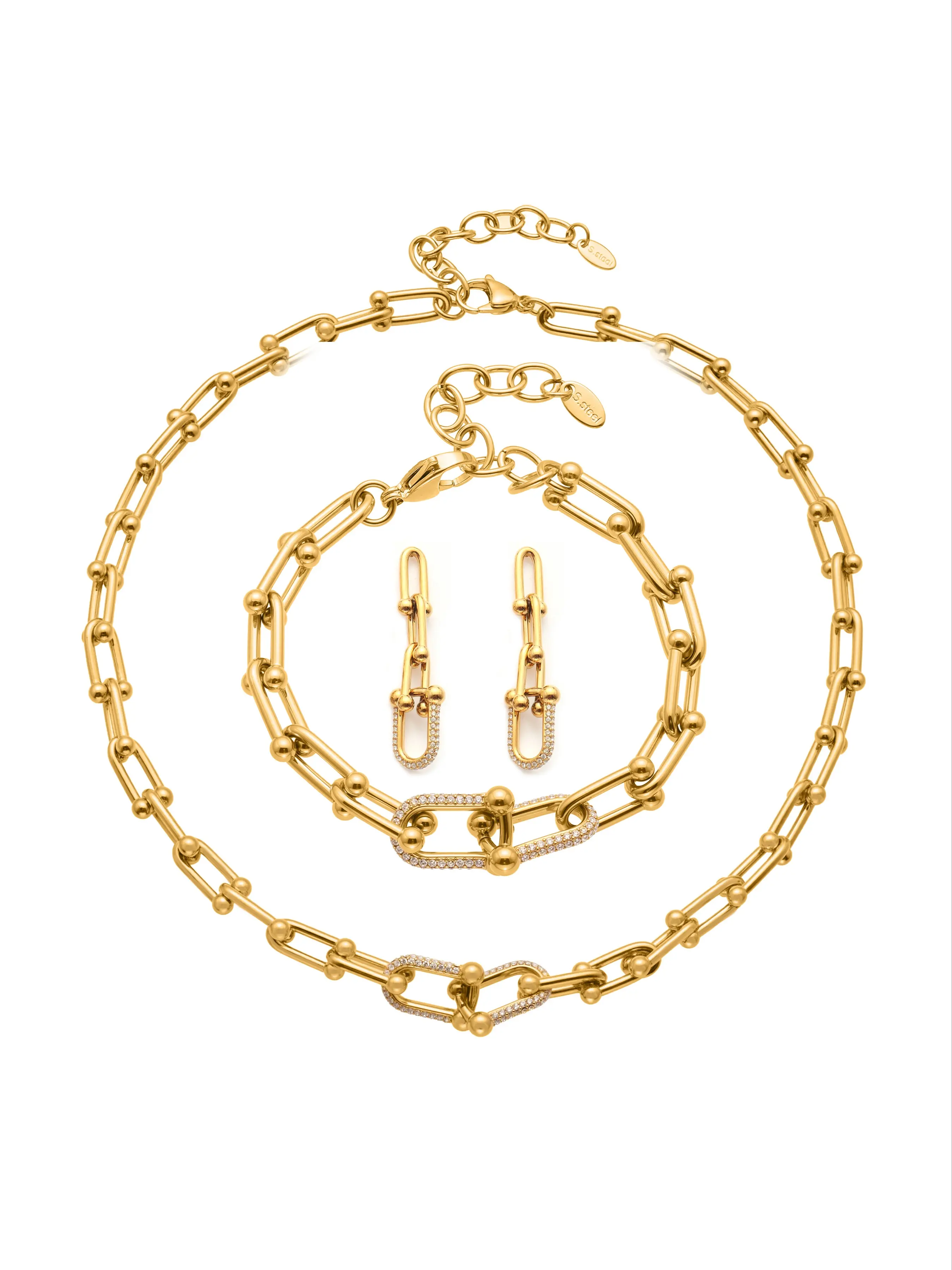 Stainless Steel Rhinestone Horseshoe Clasp Necklace Bracelet Set, Fashion Women's Jewelry Set, Elegant Accessory, Matching Jewelry Set