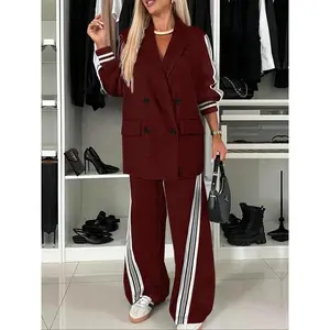 Women's Striped Belted Blazer Set, Casual Two-Piece Suit Jacket and Straight Leg Pants, Comfortable Elegant Lapel Design, Office Daily Wear