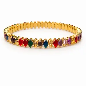 Rainbow Color Bangle Bracelet with Multicolored Stones and Gold Tone Finish