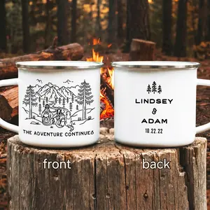 Personalized Wedding Camping Mug, Adventure Mountains Camping Mug, Engageme Anniversary Gift Personalized Gift for Men Women, Custom Name Year Enamel Camping Mug, Outdoor Campfire Coffee Cup
