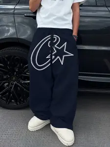 Men's Sporty Sweatpants with Large C Star Design, Soft Skin-Friendly Fabric, Loose Wide Leg, Drawstring Waist, Streetwear, All Seasons, Sports Casual Pants