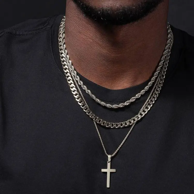 3Pcs Set Minimalist Stainless Steel Cross Necklace for Men, Punk Street Style Mens Cross Necklace Cross Chain Layered Stainless Steel Rope Chains for Women Boys - Perfect for Parties, Casual Wear, and Everyday Outfits