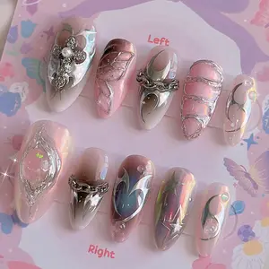 Silver Pink Aurora Chrome Press On Nails, Shiny Nail Art, Iridescent Party Nails, Handmade Gel False Nails, Sparkling Holiday Set