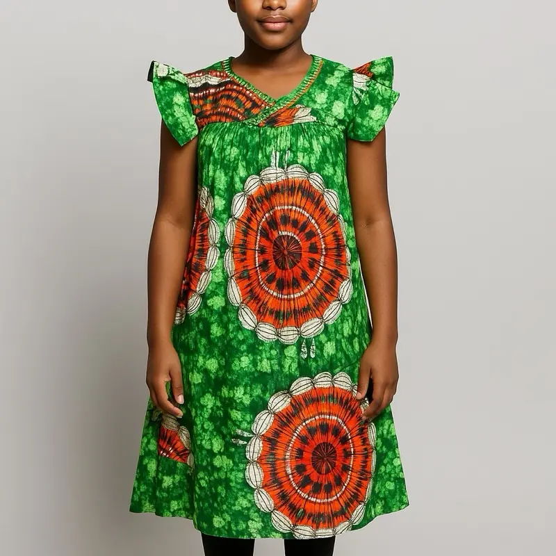 Stunning Green and Orange African Print Dress with Bold Circular Patterns and Delicate Neckline Detailing for Casual or Cultural Occasions. Model is 5ft tall