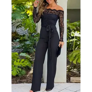 Women'S Off-Shoulder Lace Detail Knit Jumpsuit, Casual Solid Color Polyester Spandex Blend, All-Season Fashion, Contrast Lace Side Detail, Adult