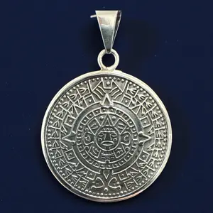 925 Sterling Silver Aztec Calendar Medallion Pendant – 1.5"