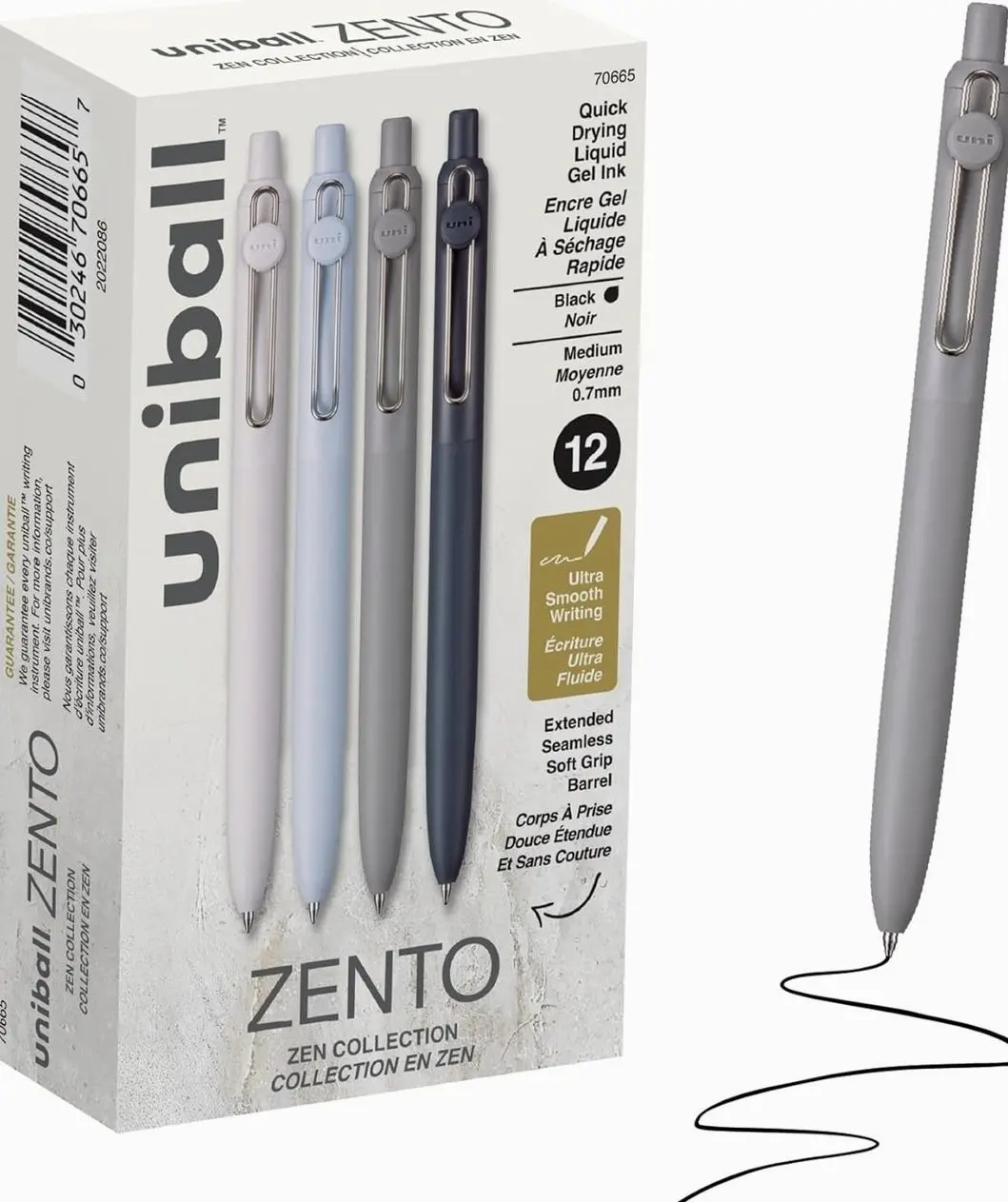 uniball™ Zento Gel Pens, Black Ink, 0.7mm Medium Point, 12 Count | Retractable, Smooth Writing, Quick-Drying, No Smear, No Bleed, Zen Barrel Colors