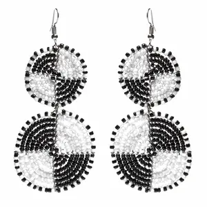 Maasai Beaded Double Circle Dangle Earrings- Black/White- Fair Trade-Kenya