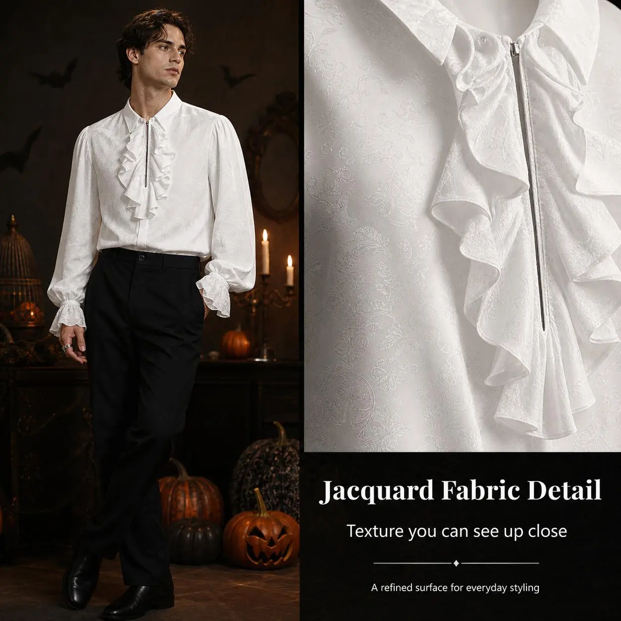 Men's Retro Soft Plain Long Sleeve Ruffle Pirate Shirt - Oversized Fit Victorian Renaissance Medieval Poet Top, Steampunk Gothic Halloween Cosplay Costume, Lace Menswear, Hand Wash Only