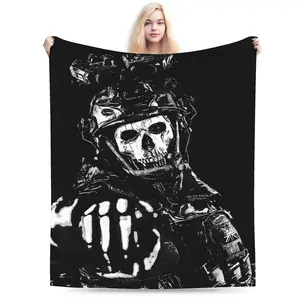 [Gaming Fleece Blanket] Soft Durable COD Ghost Reaper Fleece Blanket | Digital Print Skulls Tactical Gear, Black White Gaming Theme, All Seasons Shawl, Sofa Bed Cover for Home, Perfect for Napping, Large Size Suitable for Living Room Sofa Cover