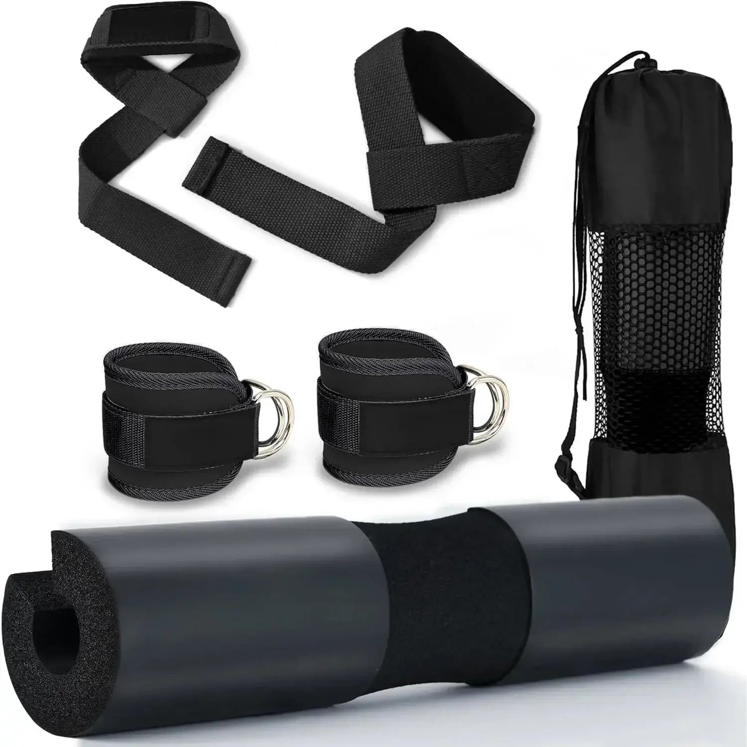 Squat Pad Set - Foam Barbell Pad for Squats Cushion, Lunges & Bar Padding for Hip Thrusts - Standard Olympic Weight Bar Pad - With Ankle Straps, Wrist Straps for Weightlifting