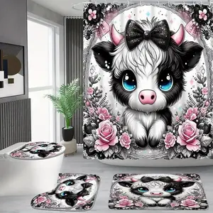 1/4 pcs pink rose flower and cute Highland cow pattern design shower curtain set, non-slip floor mat, U-shaped carpet, toilet lid cover, for bathroom decoration, partition, Bathroom Decoration Accessories, 12 shower curtain hooks included
