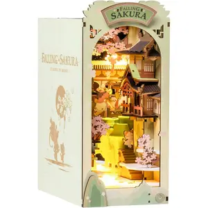 Robotime Rolife Book Nook Kits for Adults,3D Wooden Puzzle Bookshelf Decor Insert Alley DIY Miniature Booknook Model Craft Kits for Adults Gifts with LED on Birthday Christmas TGB05 Falling Sakura