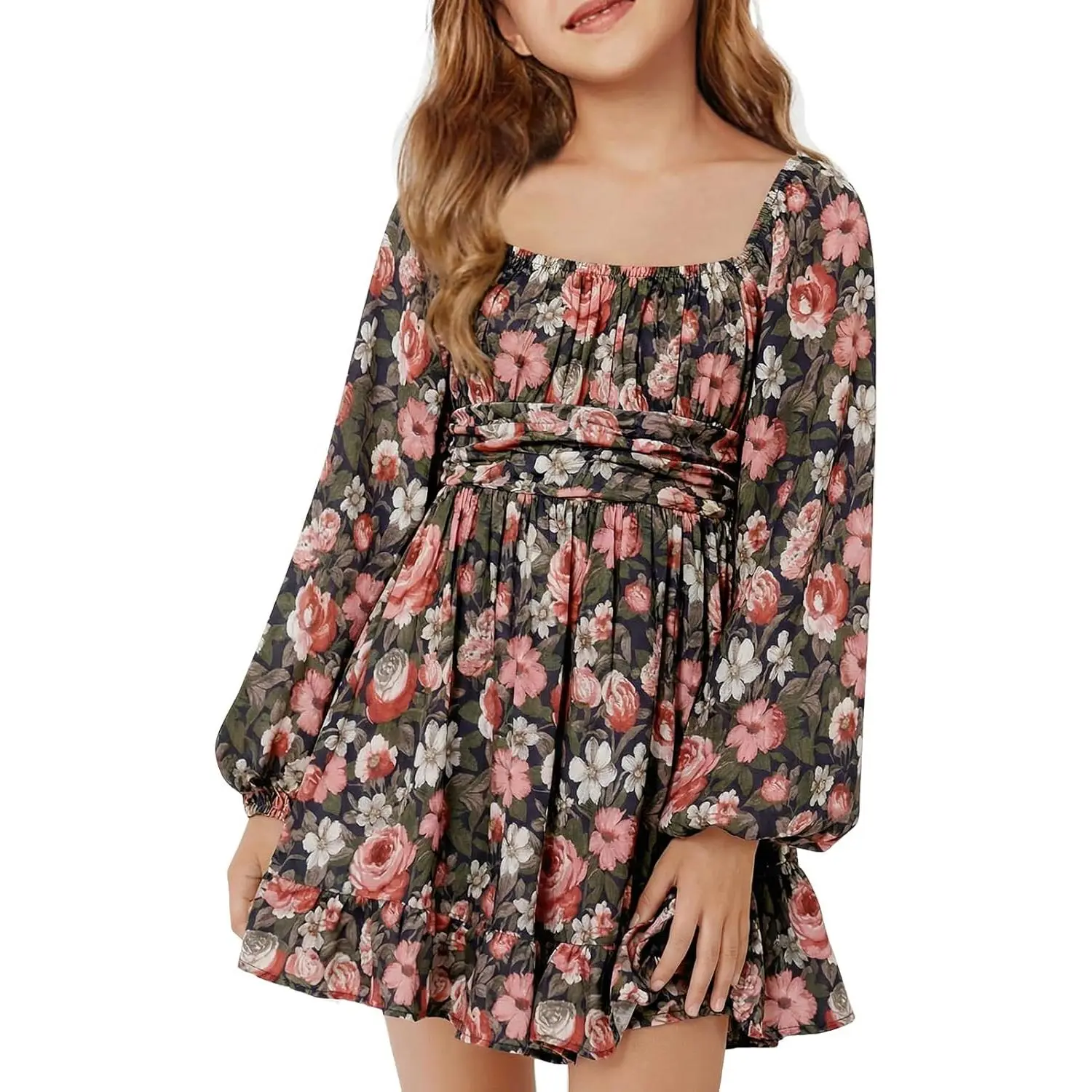 Girls Long Sleeve Tie Back Dress Kids Fall Square Neck A-Line Mini Dresses 5-14 Years Kindergarten Graduation Outfit