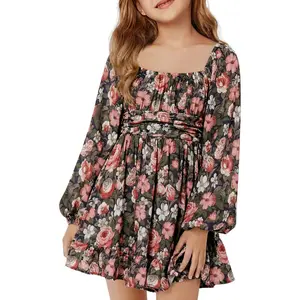 Girls Long Sleeve Tie Back Dress Kids Fall Square Neck A-Line Mini Dresses 5-14 Years Kindergarten Graduation Outfit