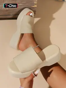 Women's Fashionable Solid Color Platform Sandals, Elevated Sandals, Beige, Casual Comfortable Non-slip Wedge Sandals for Summer, Lightweight Breathable Shoes for Daily Wear