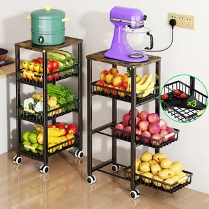 Fruit Vegetable Storage Basket for Kitchen, 4 Tier Large Pull-Out Metal Wire Baskets with 3 Pack Mats Bottom, Wood Top and Wheels, Vegetable Produce Bins Stand Cart Rack for Onions and Potatoes Miyawell