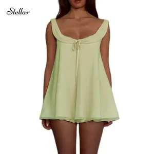 Women's Summer Shorts Outfit Loose Fit Stylish Solid U Neck Long Tank Top And Low Rise Shorts 2pcs Set