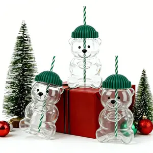 3ps-Adorable Bear Glass Straw Cup 2025 Seasonal Drinkware Coffee Mug with Green Lid Cute Teddy Bear Design for Coffee Lovers Glass Straw Included