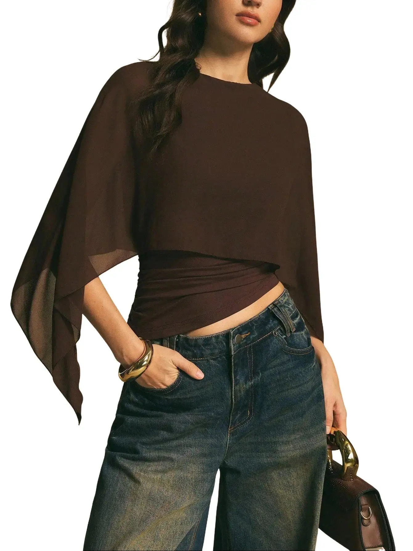 Women Fake Two Piece Cape Sleeve  Top, Round Neck Ruched Slim Crop Blouse Elegant Casual Daily Wear Shirt