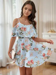 Boho Floral Print Cold Shoulder Ruffle Dress for Girls, Spring Summer Casual Party Wear, Perfect Gift for Kids