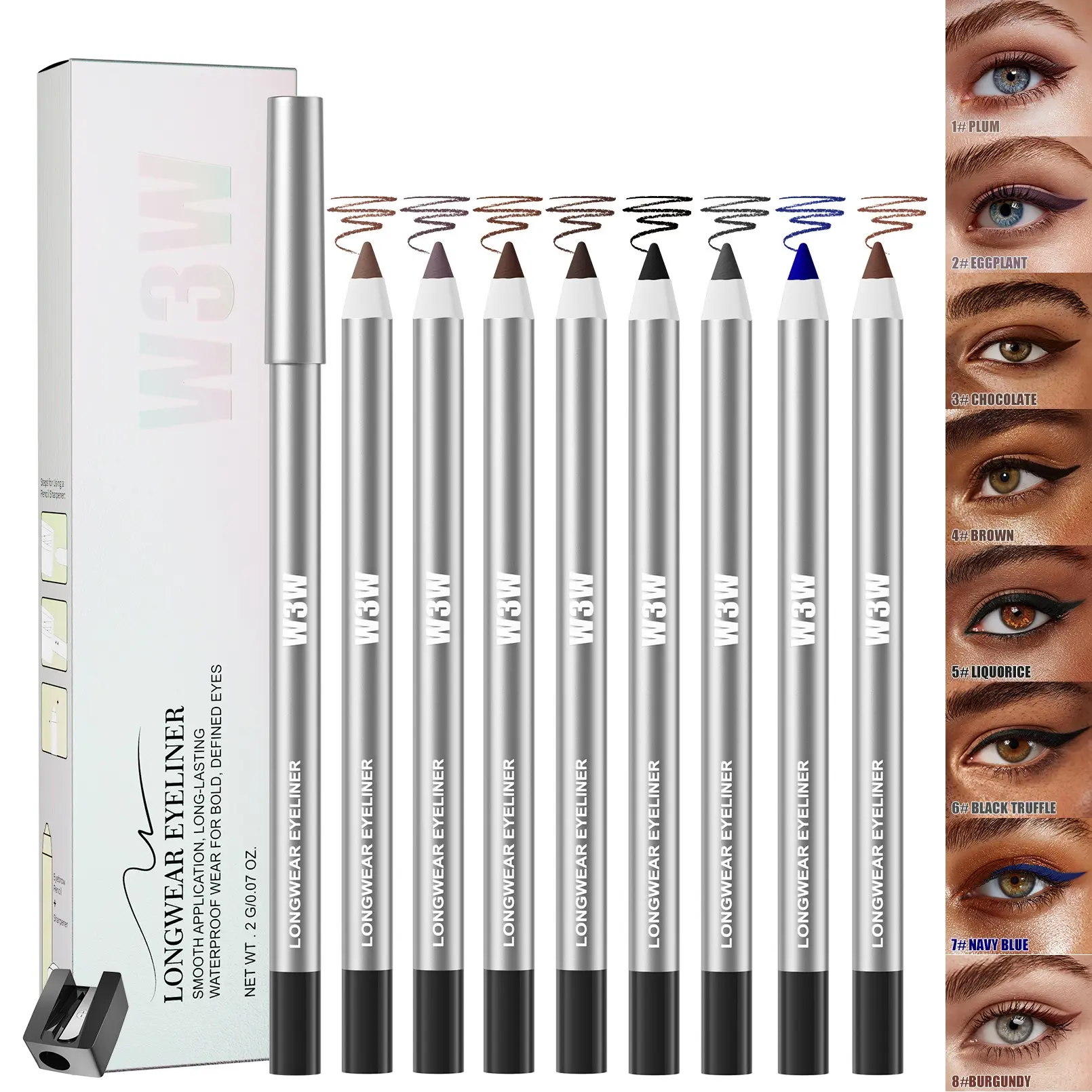 1Pcs W3W Longwear Colored Eyeliner Pencil Set, Eye Pencils, 8 Shades Waterproof Smooth Precise Perfect Eye Makeup, Eye Liner Waterproof Smudge Proof, Multi‑Color Eye Styling, Wooden Eyeliner Pencil Eye Contour Cosmetics