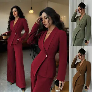 2025 autumn cross-border European and American women's suit temperament fashion long-sleeved blazer straight pants up and down two-piece set