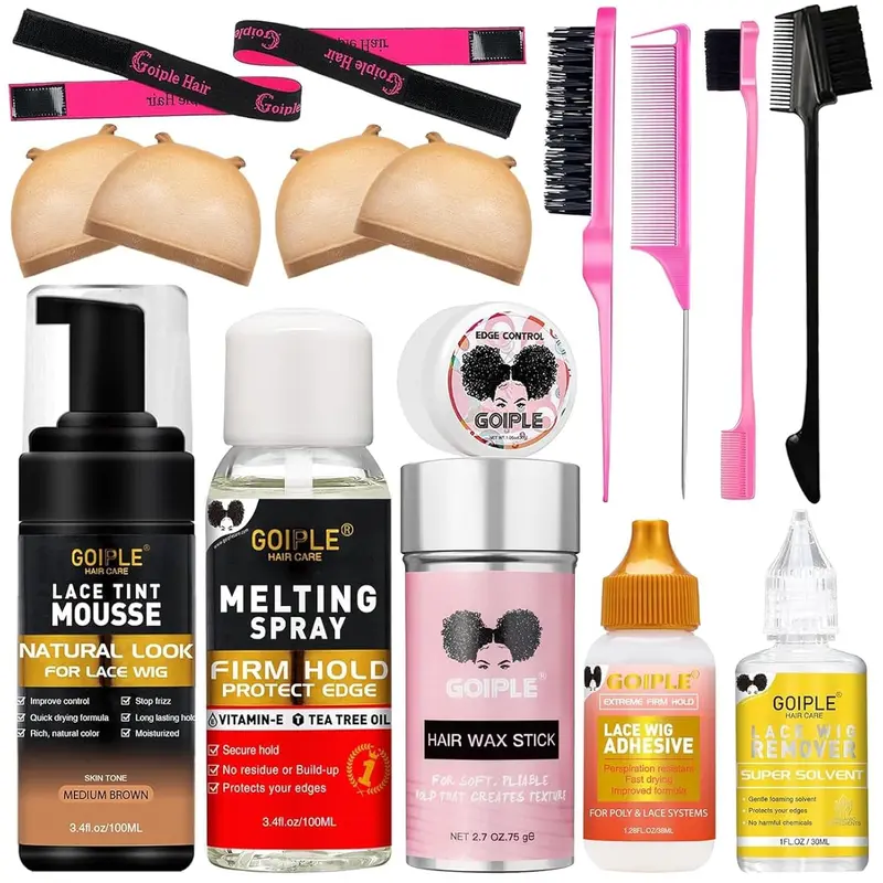 Lace Glue Kit Complete Set with Lace Tint Mousse, Lace Melting Spray Wig Glue for Women's Wigs and Hairpieces - Wig Installation Kit & Tape in Extension Rmover & Cap (Light Brown) hair tools rat tail comb Multi-Purpose Care Brush