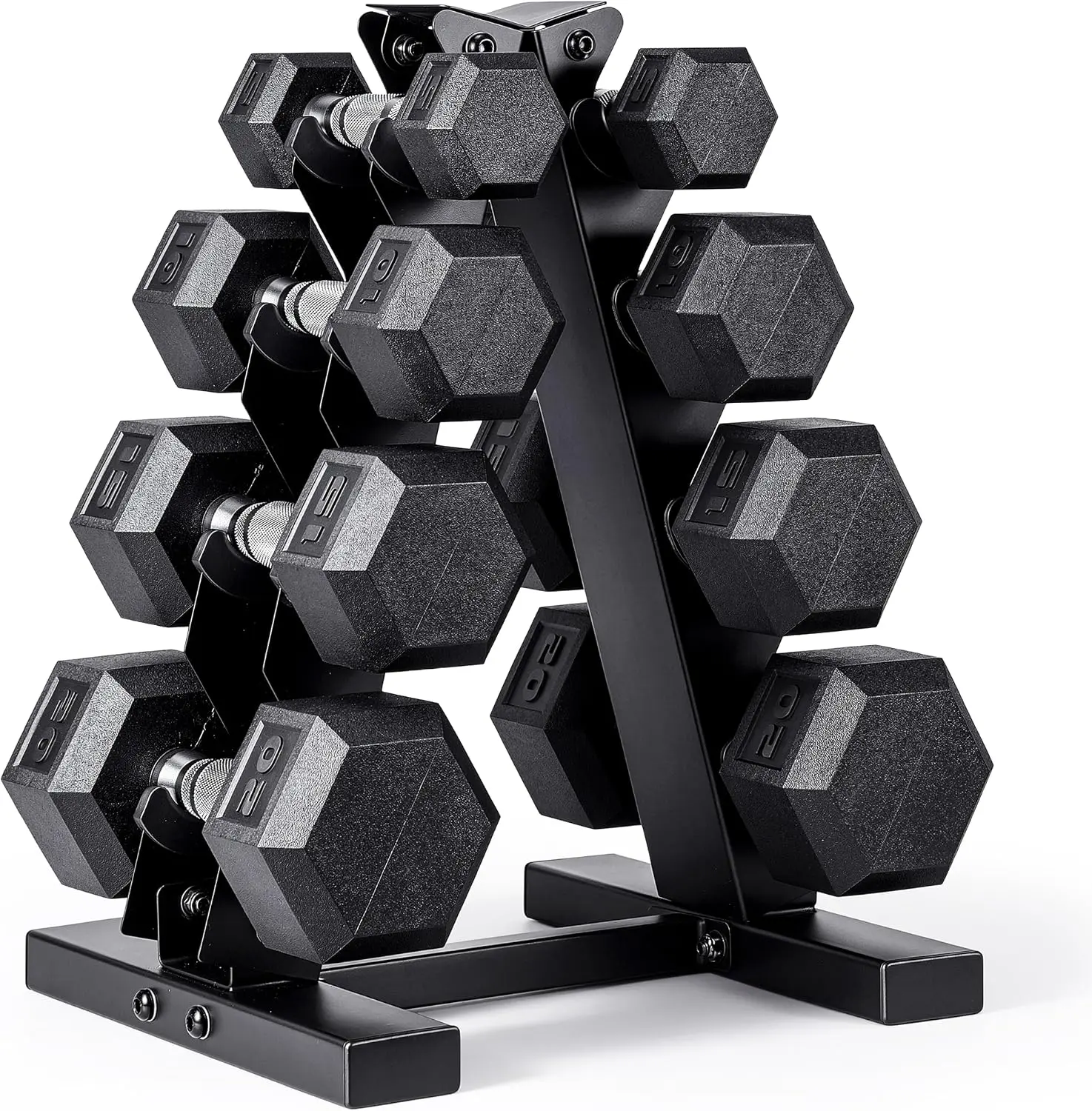 Rubber Hex Dumbbell Set with Vertical Rack | 100-210 lb