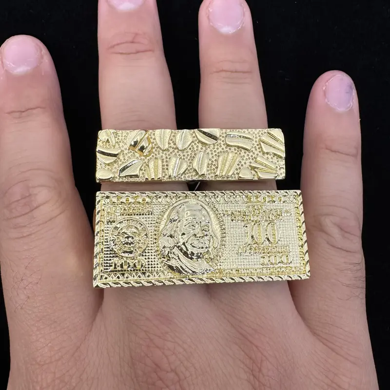 2 Finger Rings 100 Dollar Ring Nugget Double Ring 14k Plated Double-Finger Ring Men's Hip-Hop Fashion