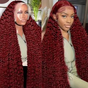 Deep Wave 99J Burgundy 13x4 Lace Frontal Wig Human Hair 4/27 Ombre Curly HD Transparent Lace Front Wigs Natural Black 180% Density
