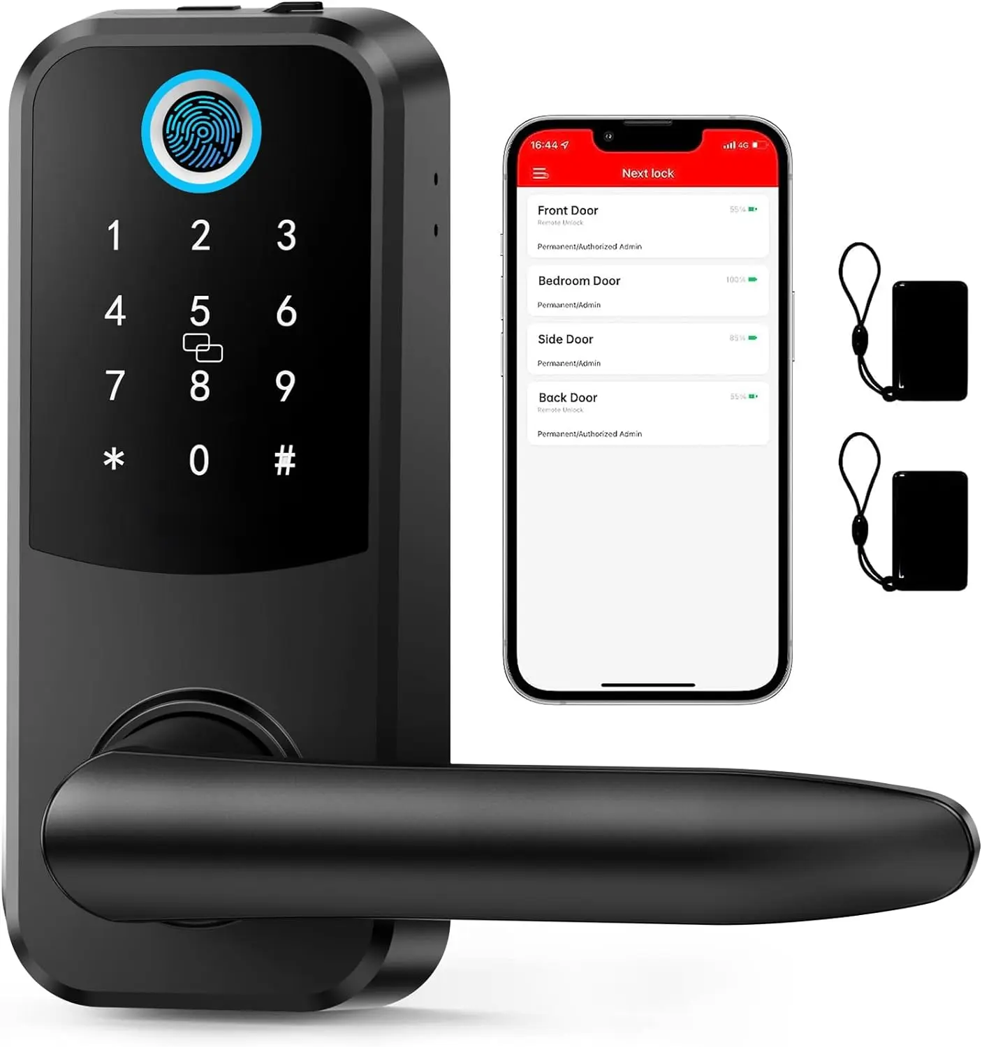 Fingerprint Bluetooth Front Door Locks with Handle,Smart Keyless Entry Locks with Touchscreen Keypad, Electronic Digital Deadbolt with Reversible Handle, Free App, Fobs, Code