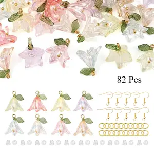 82pcs Acrylic Flower Beads Set, Lily Shape, 8 Colors, with Earring Findings, DIY Beading for Necklace&Earring Jewelry Making, Spring Saint Patrick's Day Decoration, Decorative Craft Supplies