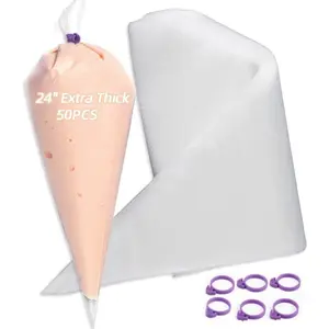 24 Inch  Piping Bags Disposable,50 Pack Thick Pastry Bags with 6 Bag Ties, Heavy Duty Icing Bags for Frosting,Cream and Pastry Filling,Cake Decorating bags
