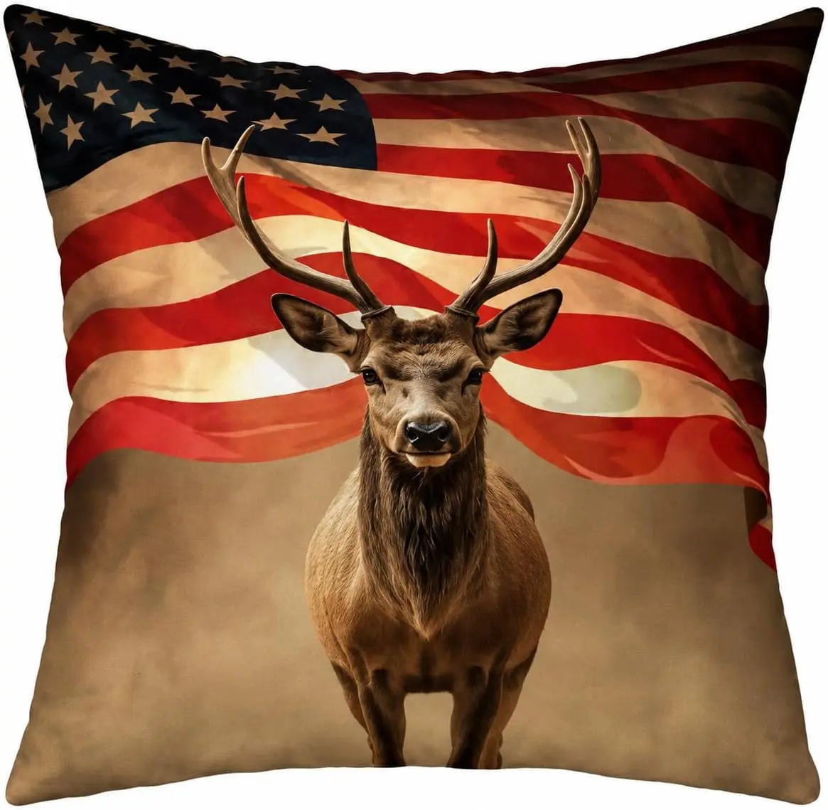 Huglina Patriotic Deer Throw Pillow 18x18 Inch, American Flag Stag Decorative Accent Cushion with Insert Included, Rustic Cabin Lodge Farmhouse Home Decor