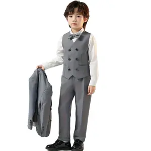 NewThree-Piece Set Without Shirt Solid Color Vest + Long Pants + Bow Tie Double-Breasted Boys' Jumpsuit Suit for Banquet Party Performance Graduation Ceremony Back-to-School Dress Wedding Flower Girl Attire Emcee Outfit Boys 3D Printed Short-sleeved Short