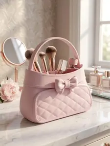 Pink Coquette Quilted Handbag Makeup Brush Holder | Kawaii 3D Printed Vanity Organizer & Aesthetic Desk Decor