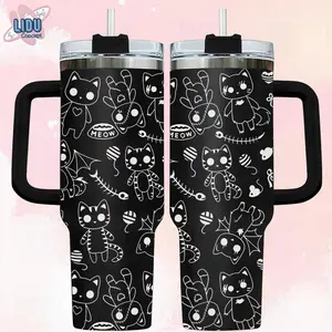 Cat Tumbler with Handle, Gothic Halloween Cat 40oz Tumbler, Spooky Kitty Cup, 40oz Black Cat, Horror Vibe, Halloween Gift, Halloween cat