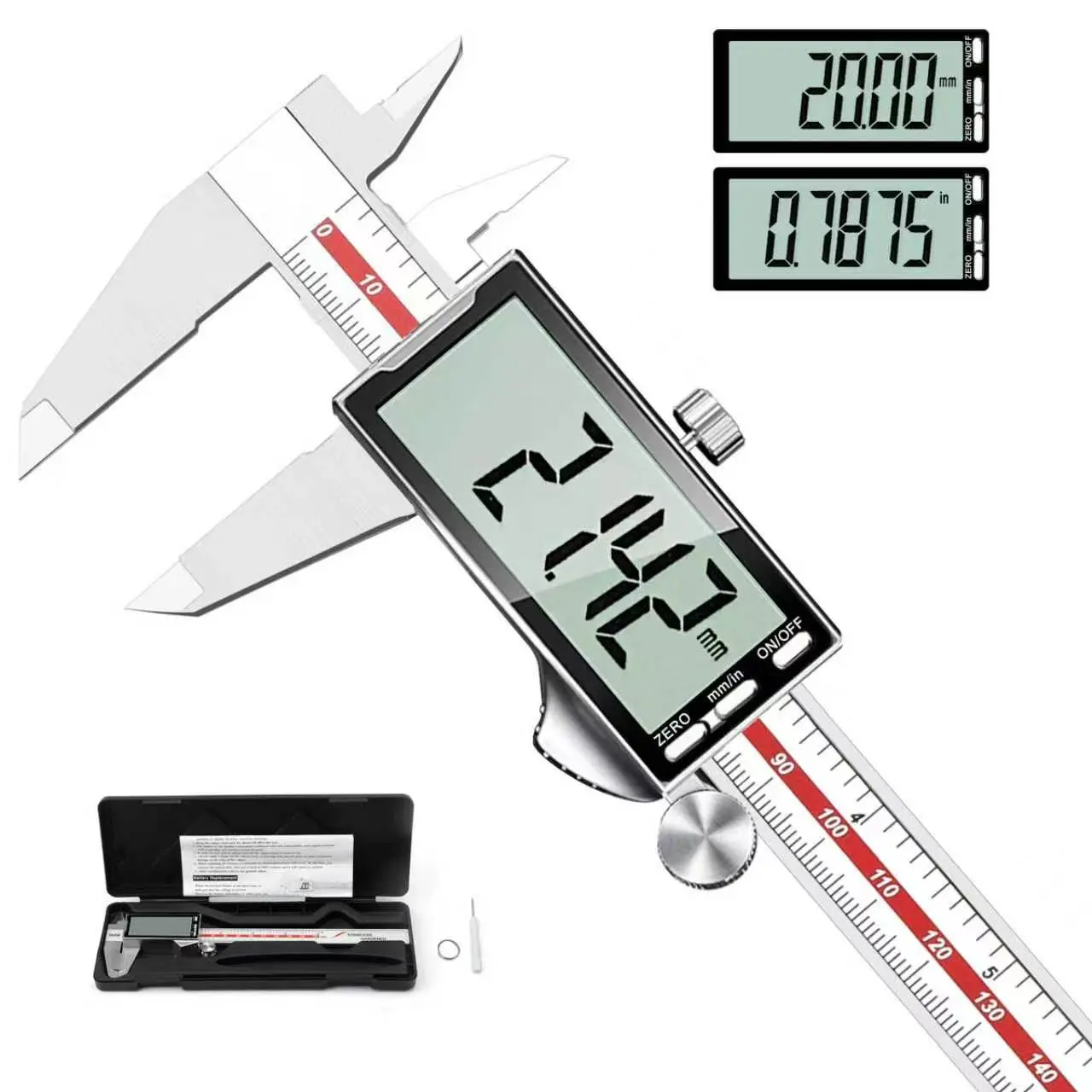 Digital caliper with a large LCD display screen, stainless steel measuring tool, inch/metric conversion, automatic shut-off, (6 inches/150 mm), precision digital caliper suitable for woodworking, metalworking, and home use
