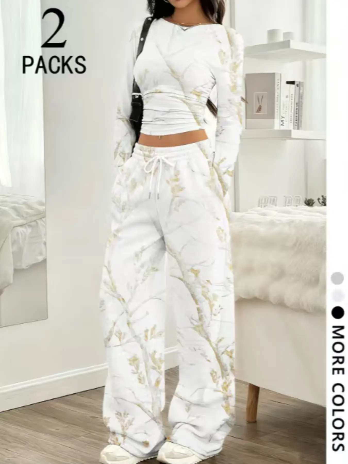 Women's Casual Youthful Style Set, Slim Fit Round Neck Long Sleeve Top, Straight Leg Pants, Fashion Tree Pattern, Perfect for Daily Wear