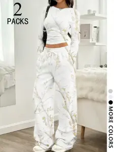 Women's Casual Youthful Style Set, Slim Fit Round Neck Long Sleeve Top, Straight Leg Pants, Fashion Tree Pattern, Perfect for Daily Wear