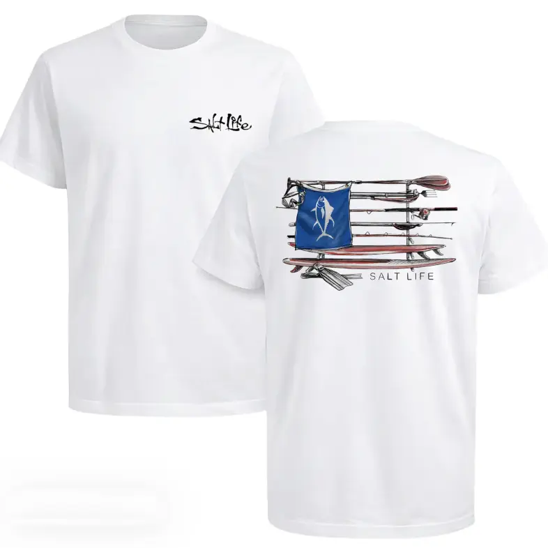 Cotton Salt Life Surfboard Fishing Graphic Tee - Coastal Print, Ocean Theme, Surfboard Art, Coastal Saltwater Fishing Shirt, Casual Beach Wear Gift for Outdoor Enthusiasts, Unisex Sports & Outdoor Top