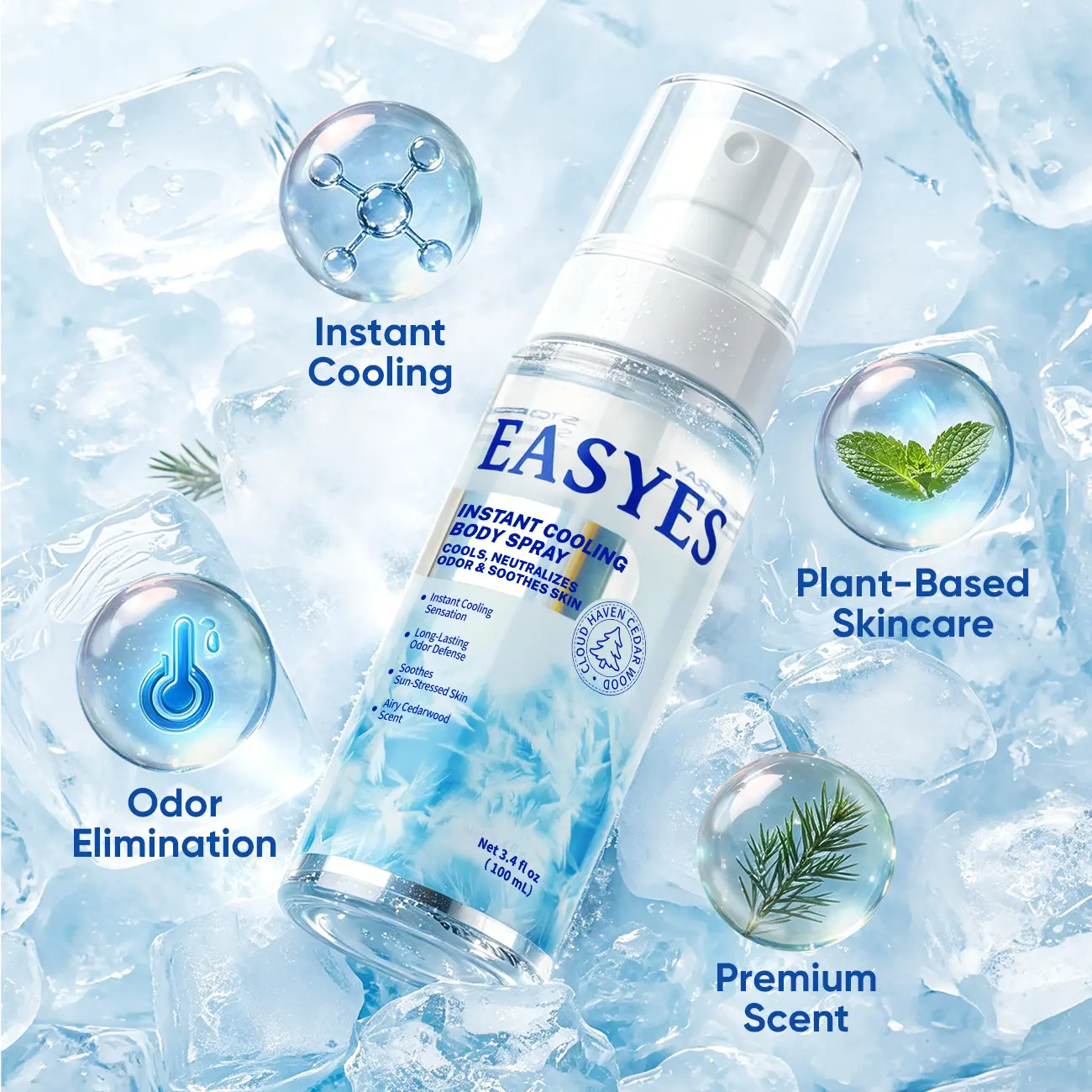 【EASYES】 Instant Cooling Body Spray – Odor Eliminator + Skin Soothing, Cedar Scent for Gym Outdoor Commute, 3.4 fl oz
