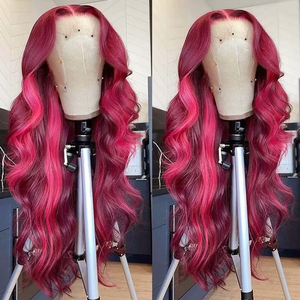 26Inch Body Wave Synthetic Lace Front Wig Heat Resistant Glueless Synthetic Lace Wigs Pink Ombre Wavy Lace Wigs for Women 13x4 Free Part Party Cosplay&Any Occasions
